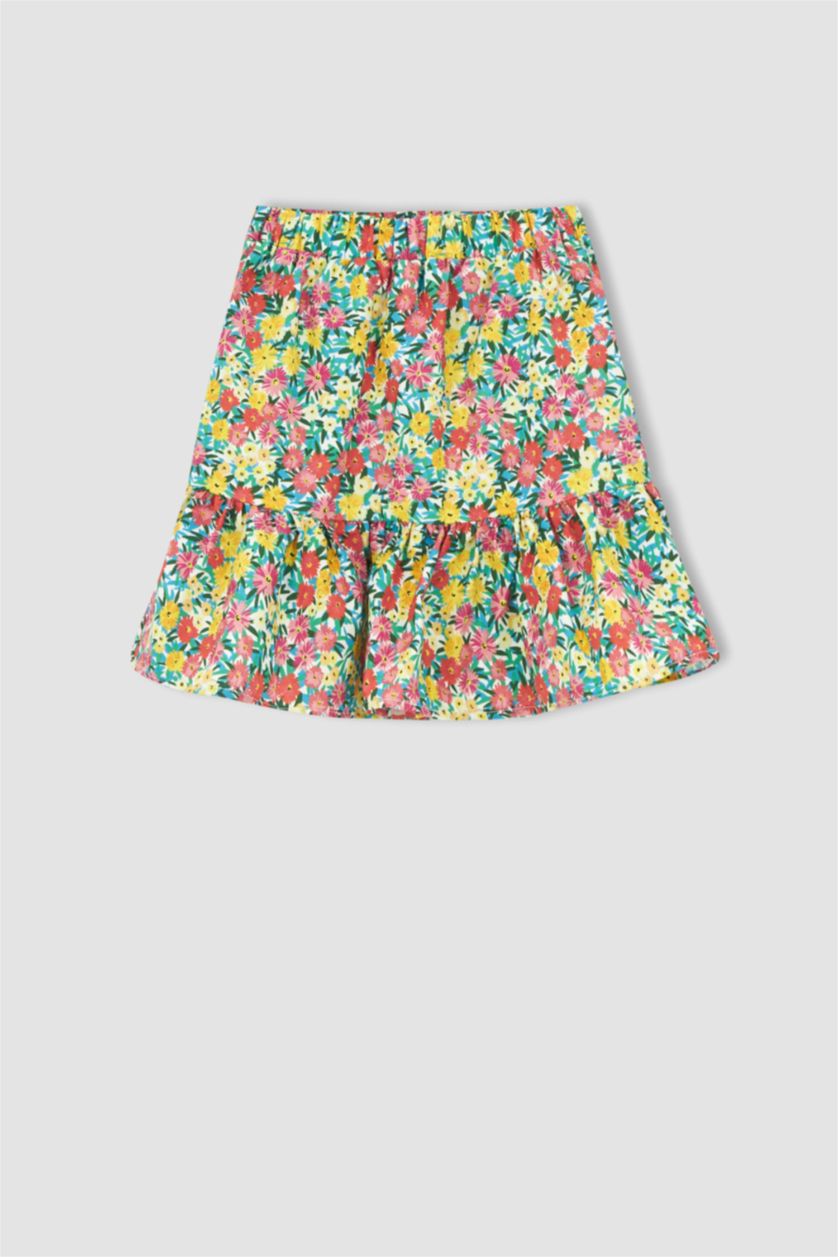 FILLES Blanc Jupe tissée en coton à motifs floraux à volants à taille élastique pour fille