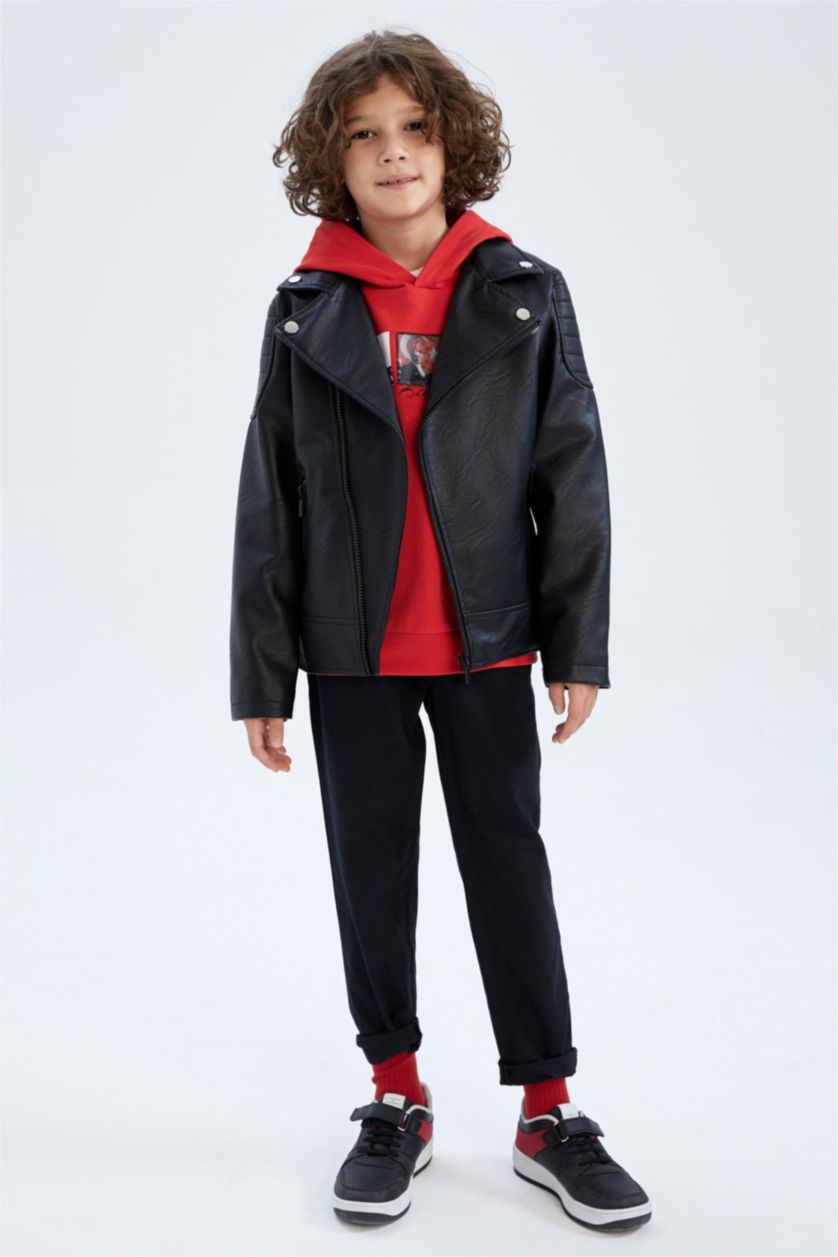 Erkek Çocuk - Genç Erkek Siyah Erkek Çocuk Su İtici Suni Deri Biker Ceket