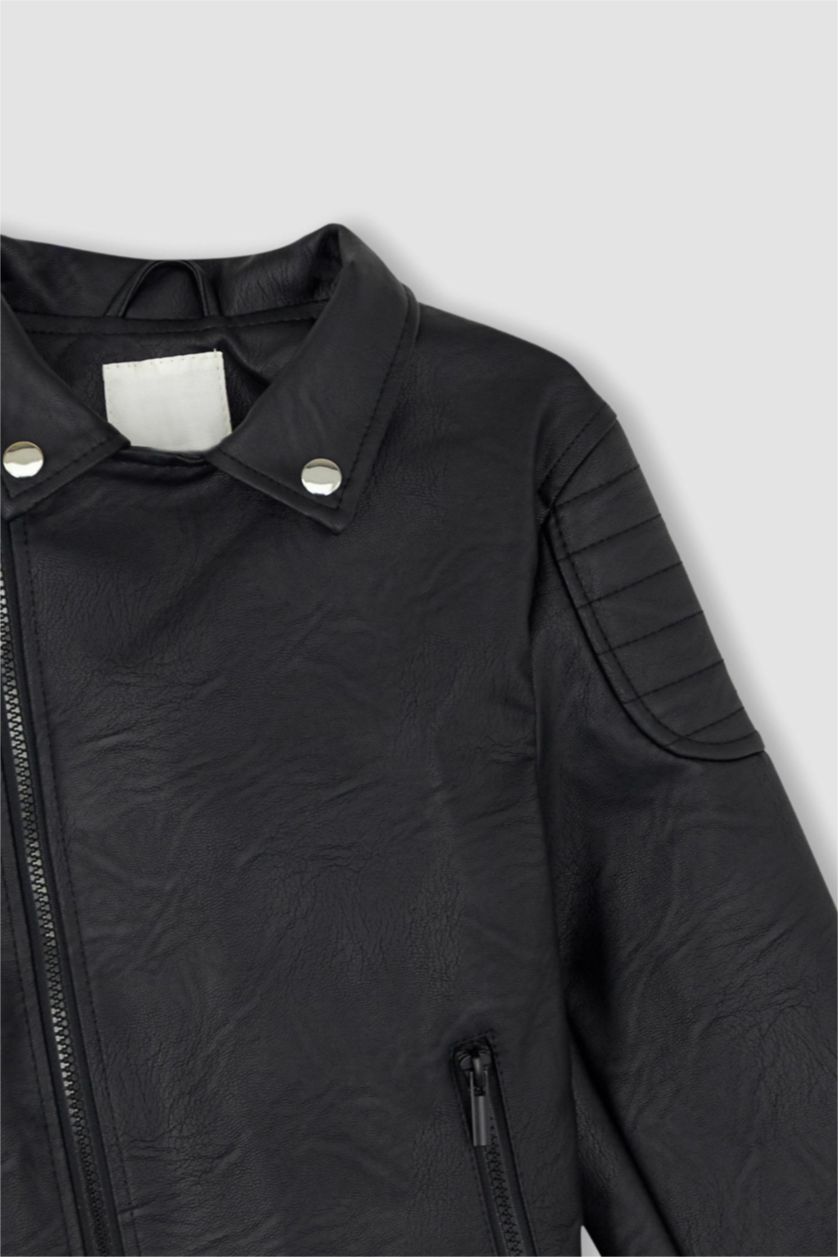 Erkek Çocuk - Genç Erkek Siyah Erkek Çocuk Su İtici Suni Deri Biker Ceket