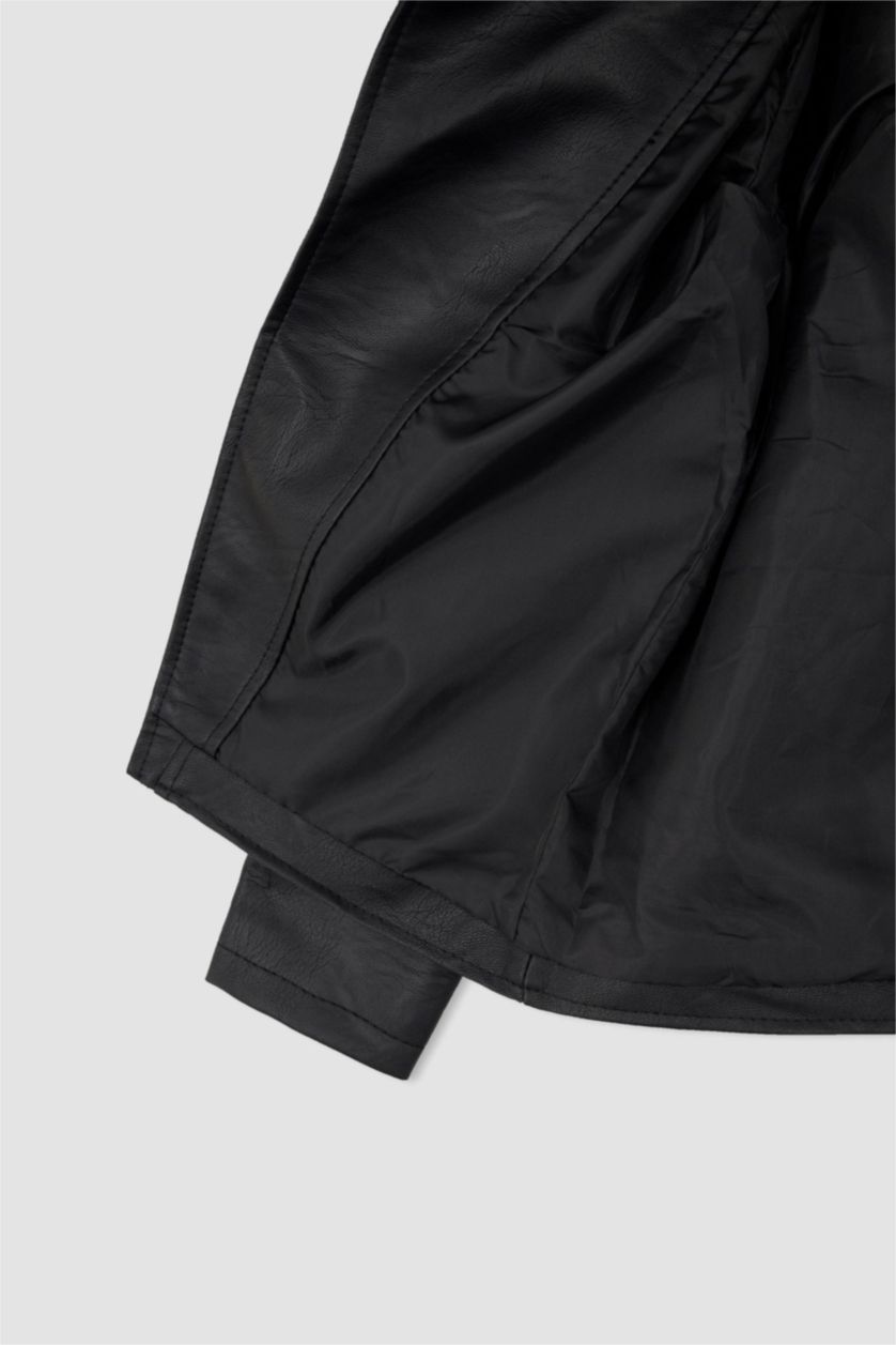 Erkek Çocuk - Genç Erkek Siyah Erkek Çocuk Su İtici Suni Deri Biker Ceket