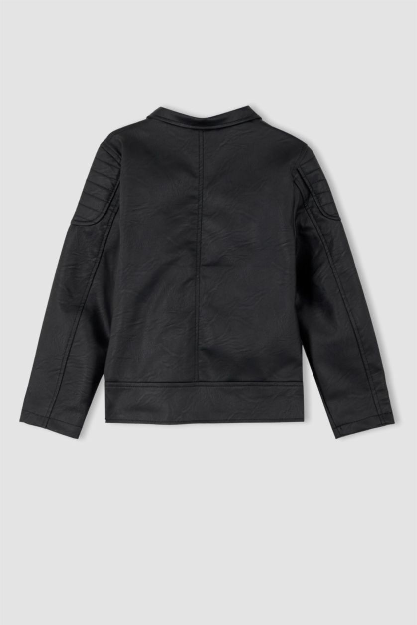 Erkek Çocuk - Genç Erkek Siyah Erkek Çocuk Su İtici Suni Deri Biker Ceket