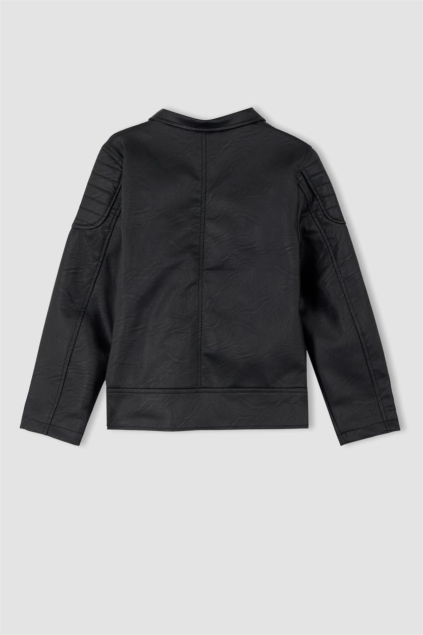 Erkek Çocuk - Genç Erkek Siyah Erkek Çocuk Su İtici Suni Deri Biker Ceket