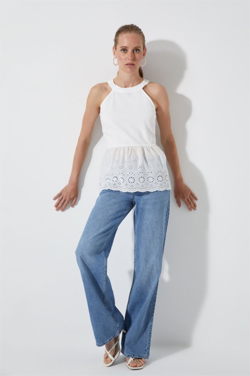 FEMME Blanc Chemisier sans manches en dentelle ajustée