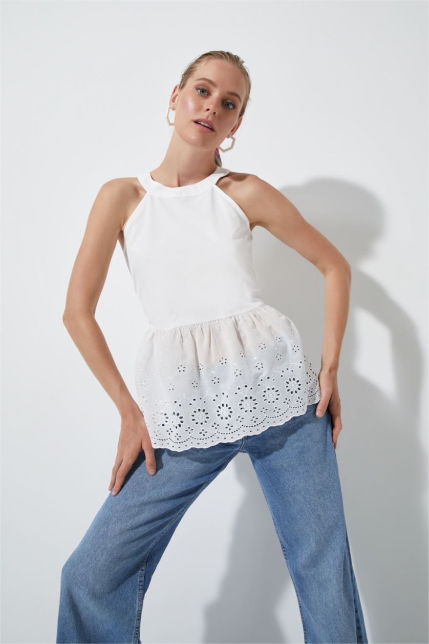 FEMME Blanc Chemisier sans manches en dentelle ajustée