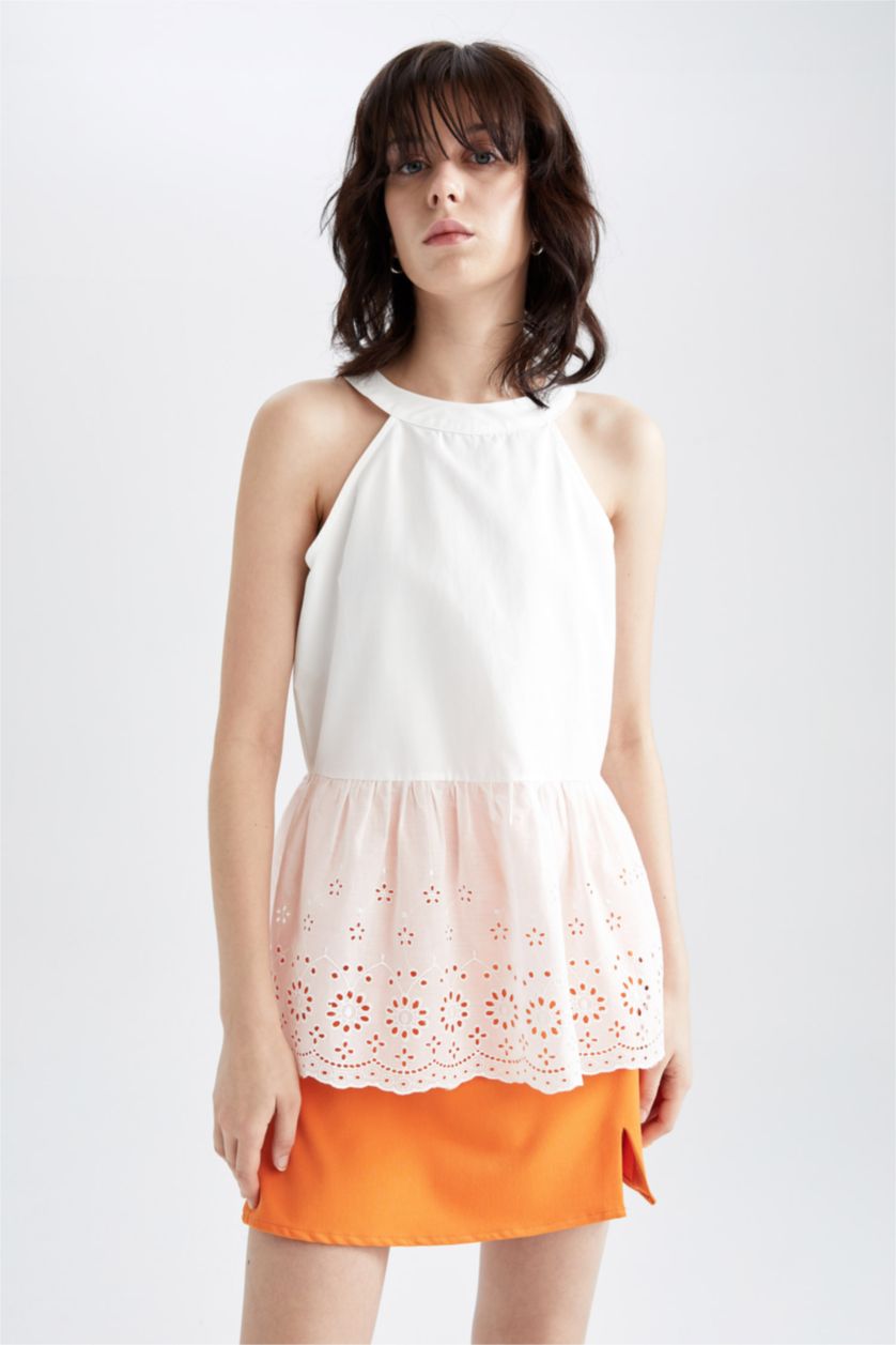 FEMME Blanc Chemisier sans manches en dentelle ajustée