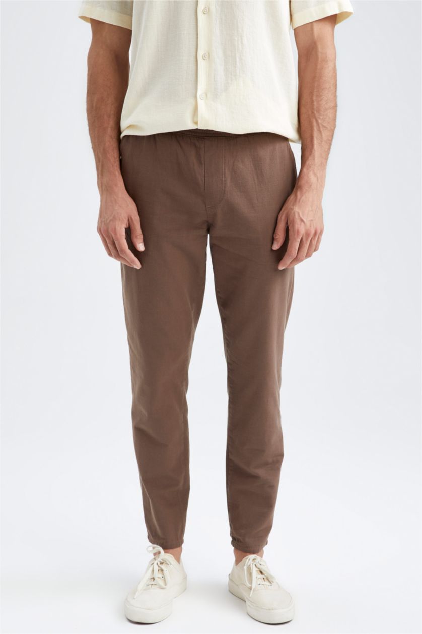 HOMME Marron Pantalon Slim Aspect Lin
