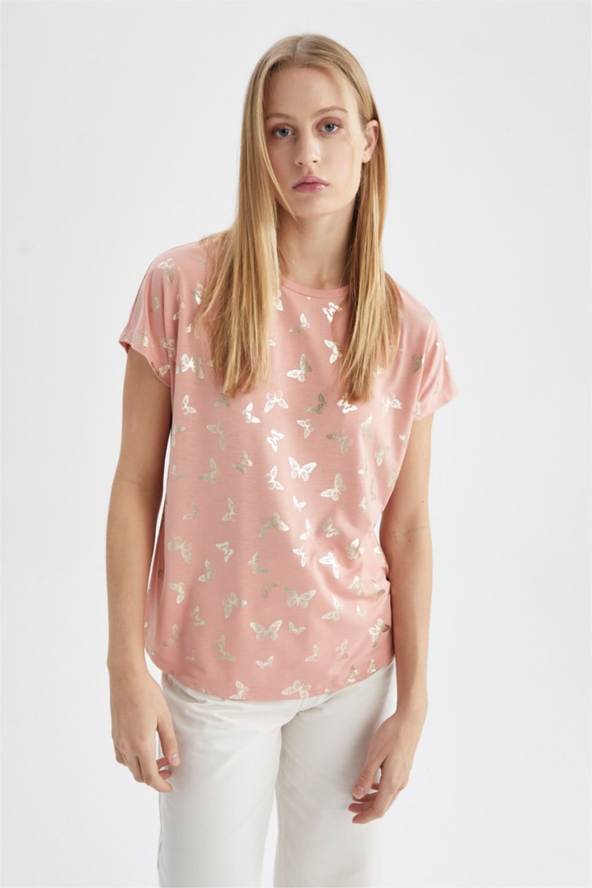 WOMAN Light Rose Short Sleeve Butterfly Print T-Shirt