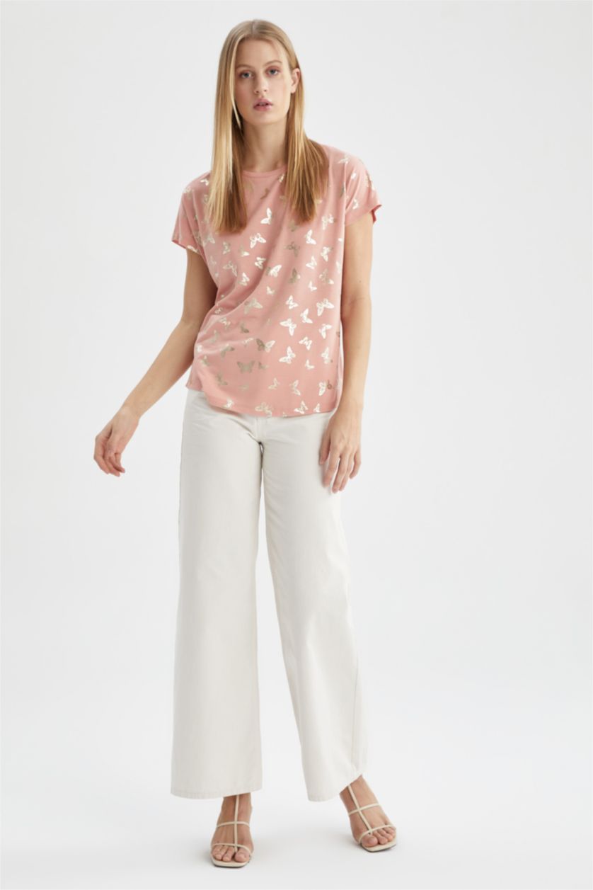 WOMAN Light Rose Short Sleeve Butterfly Print T-Shirt