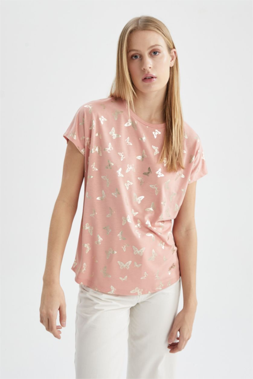 WOMAN Light Rose Short Sleeve Butterfly Print T-Shirt