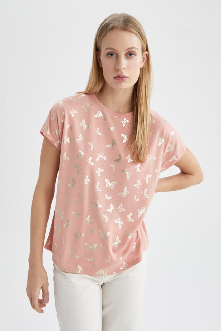 WOMAN Light Rose Short Sleeve Butterfly Print T-Shirt