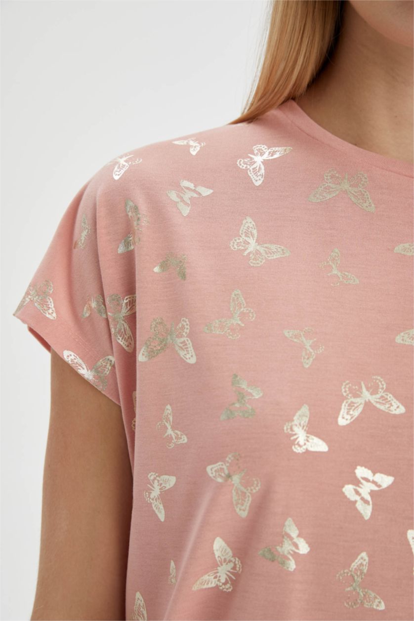 WOMAN Light Rose Short Sleeve Butterfly Print T-Shirt