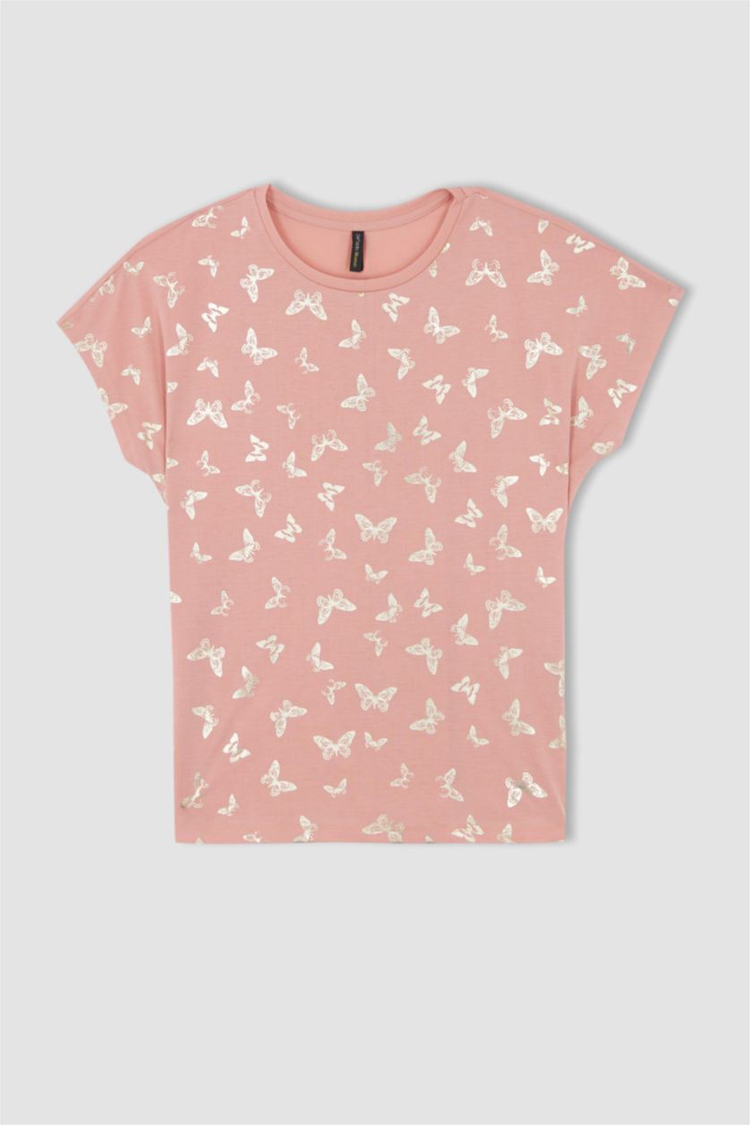 WOMAN Light Rose Short Sleeve Butterfly Print T-Shirt