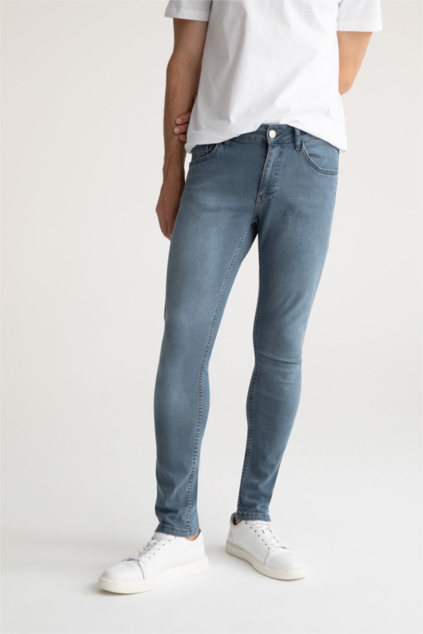 Erkek Mavi Gri Carlo Skinny Fit Ekstra Dar Kalıp Normal Bel Ekstra Dar Paça Jean Pantolon