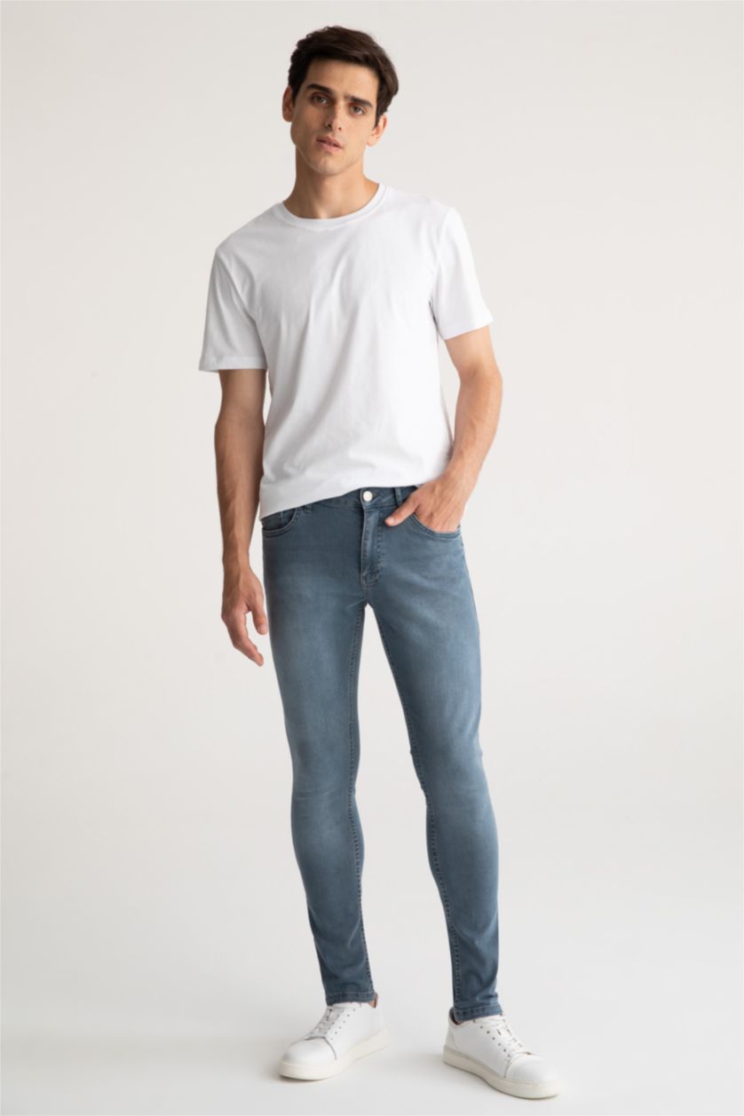 Erkek Mavi Gri Carlo Skinny Fit Ekstra Dar Kalıp Normal Bel Ekstra Dar Paça Jean Pantolon