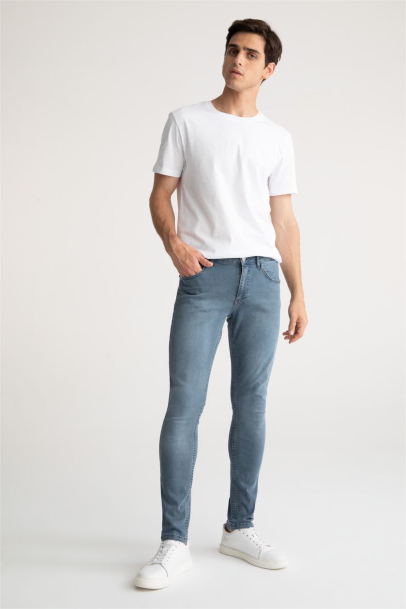 Erkek Mavi Gri Carlo Skinny Fit Ekstra Dar Kalıp Normal Bel Ekstra Dar Paça Jean Pantolon