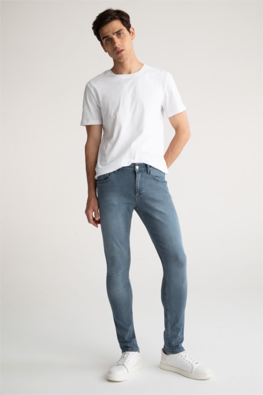 Erkek Mavi Gri Carlo Skinny Fit Ekstra Dar Kalıp Normal Bel Ekstra Dar Paça Jean Pantolon