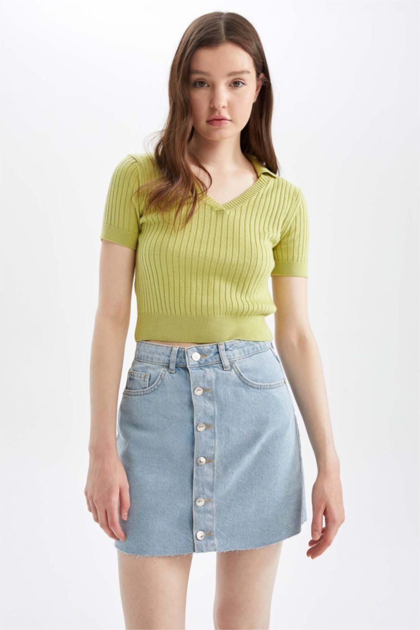 نساء أزرق فاتح تنورة جينز قصيرة بقصة A بأزرار