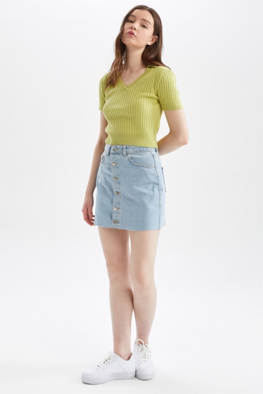 نساء أزرق فاتح تنورة جينز قصيرة بقصة A بأزرار