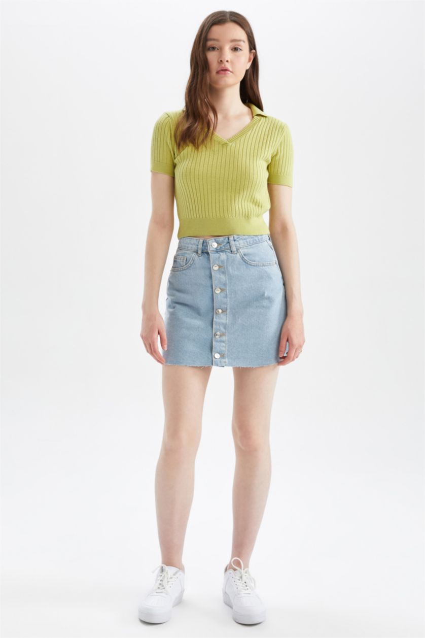 نساء أزرق فاتح تنورة جينز قصيرة بقصة A بأزرار