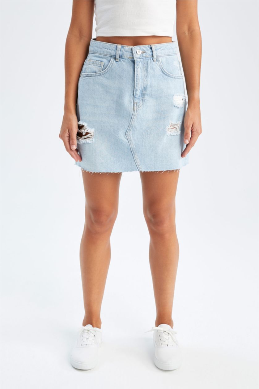 FEMME BLEU Clair Jupe Jean Destruction