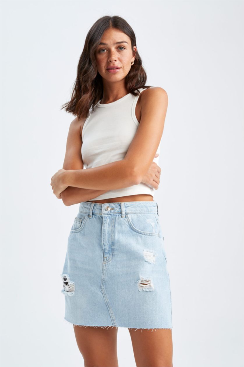 FEMME BLEU Clair Jupe Jean Destruction