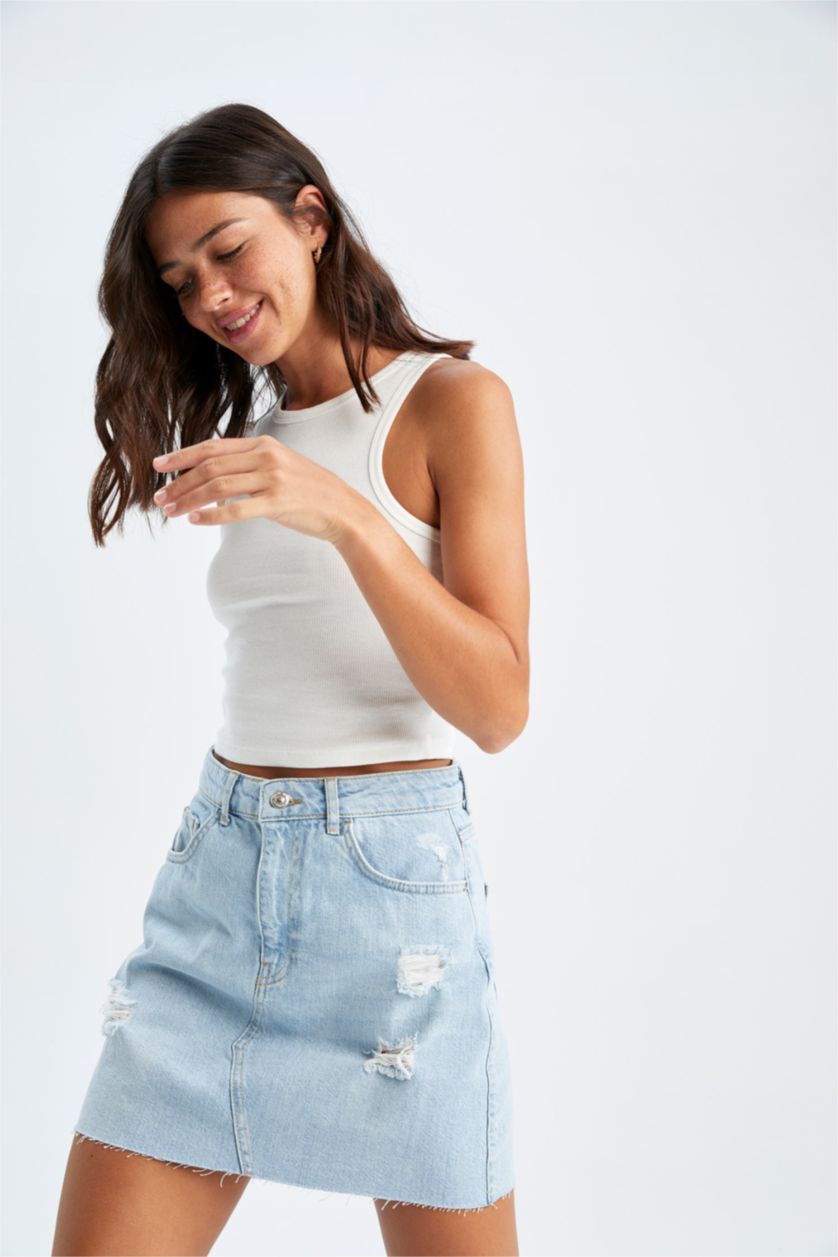 FEMME BLEU Clair Jupe Jean Destruction