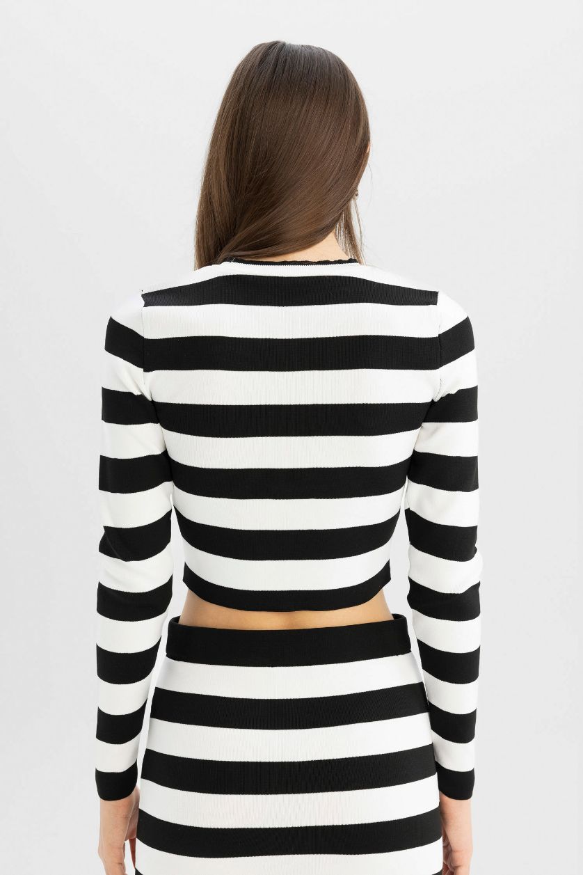 Kadın Siyah Slim Fit Dar Kesim Çizgili Bisiklet Yaka Triko Kazak