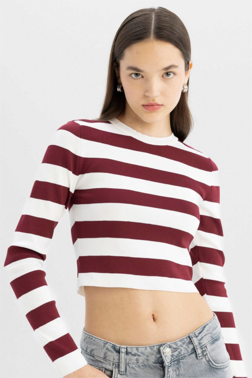 Kadın Bordo Slim Fit Dar Kesim Çizgili Bisiklet Yaka Triko Kazak