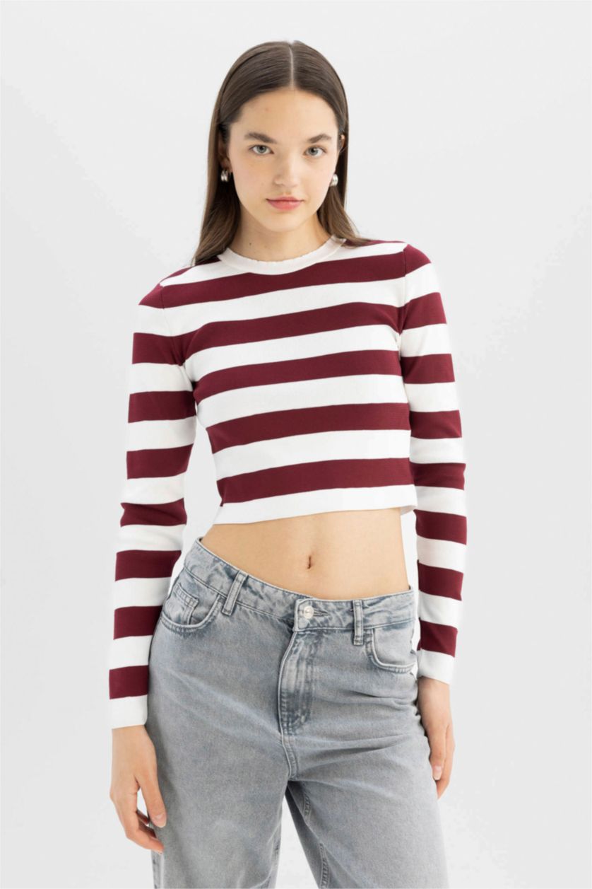 Kadın Bordo Slim Fit Dar Kesim Çizgili Bisiklet Yaka Triko Kazak