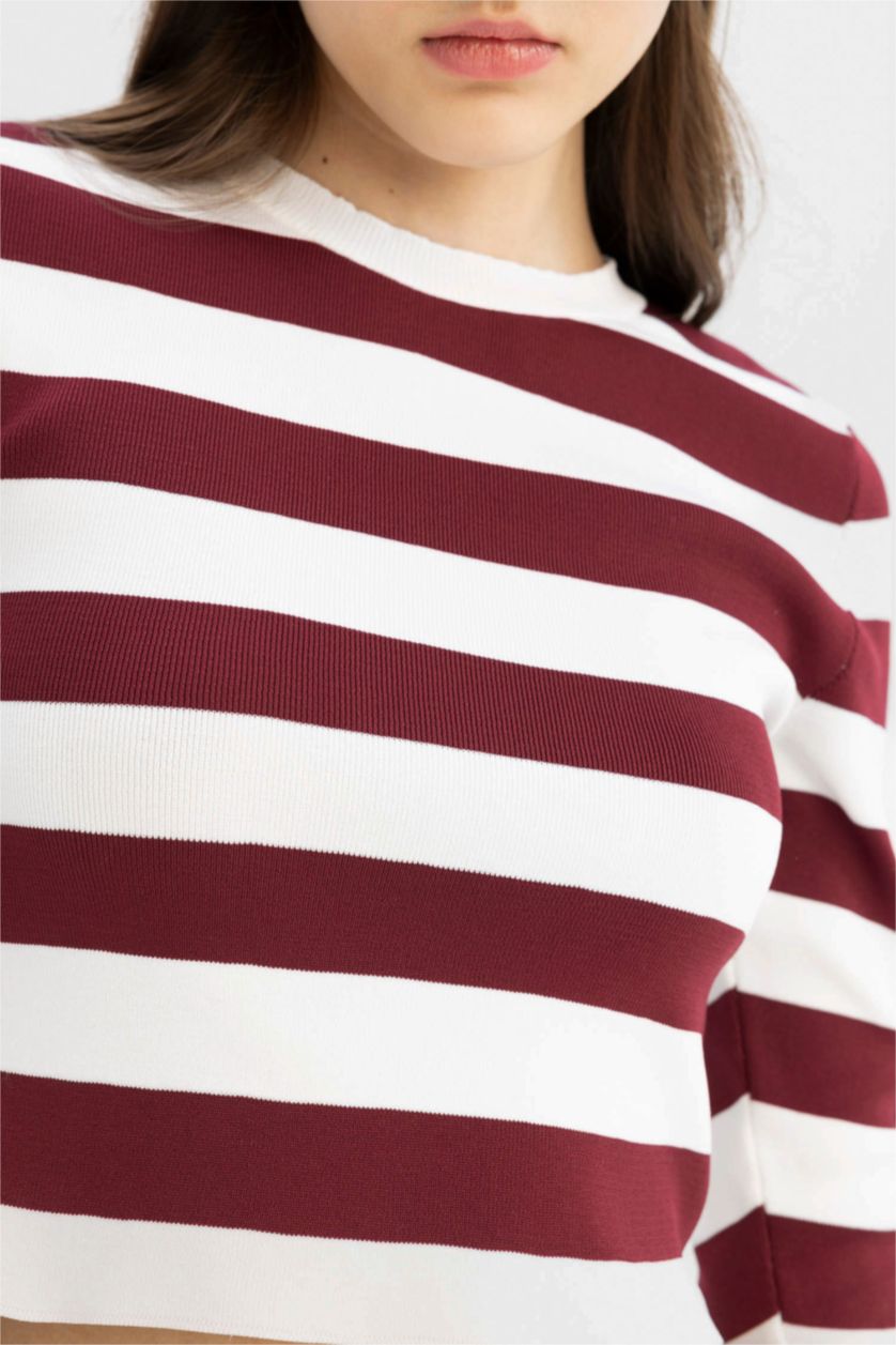 Kadın Bordo Slim Fit Dar Kesim Çizgili Bisiklet Yaka Triko Kazak