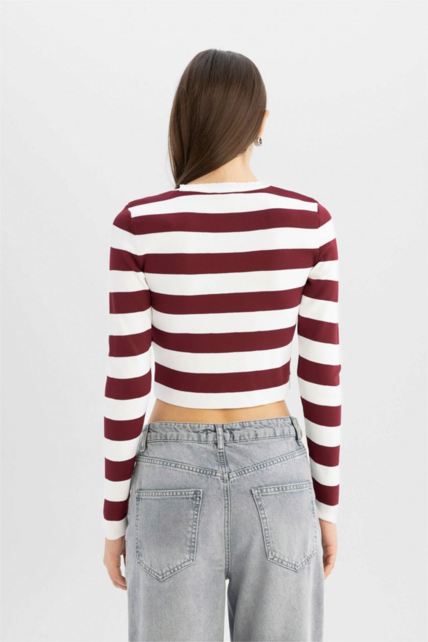 Kadın Bordo Slim Fit Dar Kesim Çizgili Bisiklet Yaka Triko Kazak