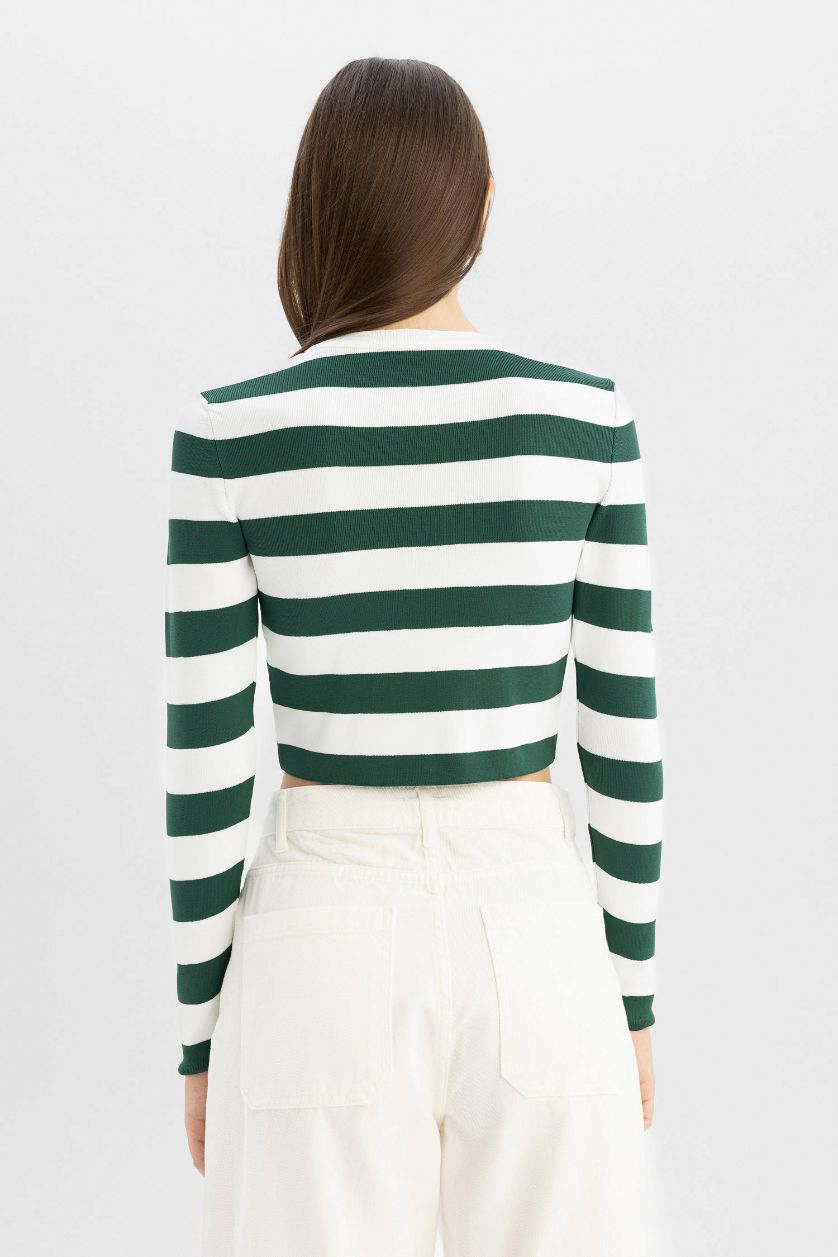 Kadın Yeşil Slim Fit Dar Kesim Çizgili Bisiklet Yaka Triko Kazak