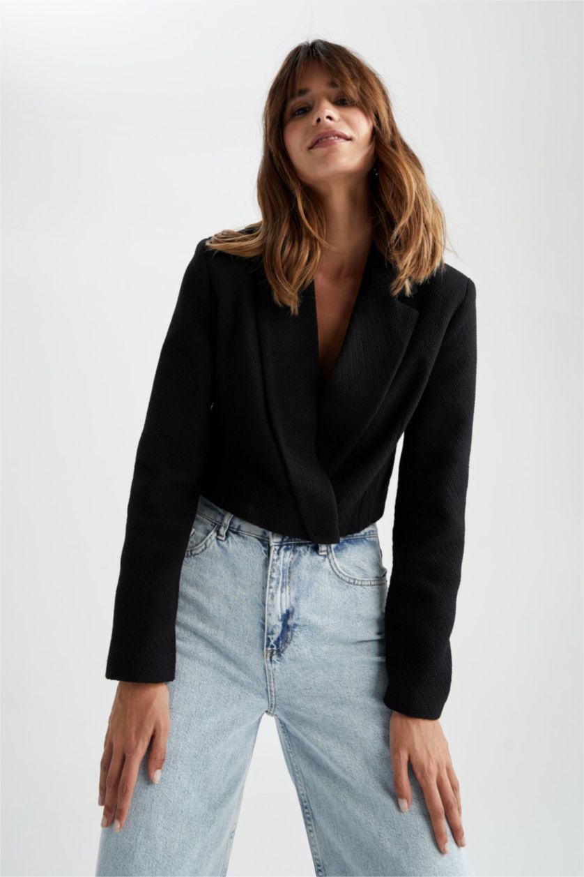 Kadın Siyah Cropped Fıt Tweed Blazer Ceket