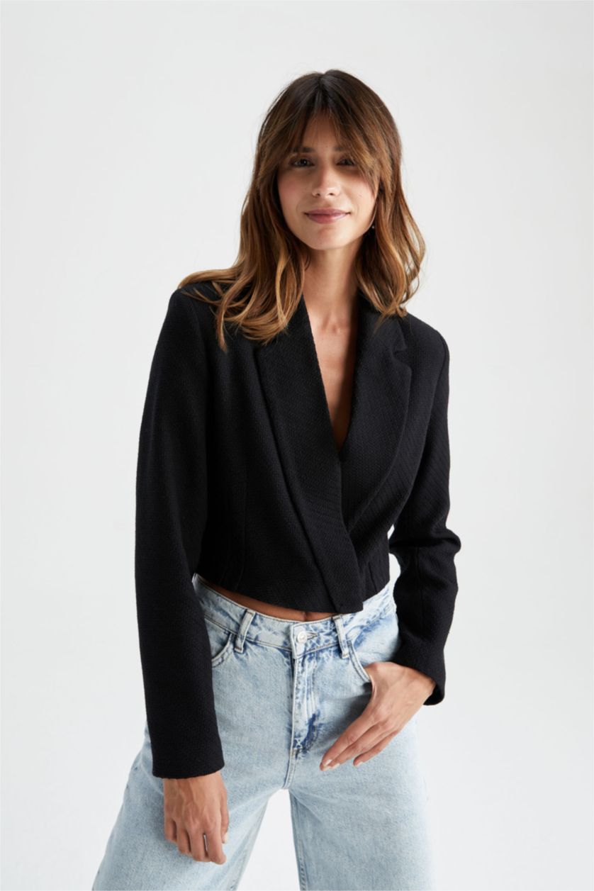 Kadın Siyah Cropped Fıt Tweed Blazer Ceket