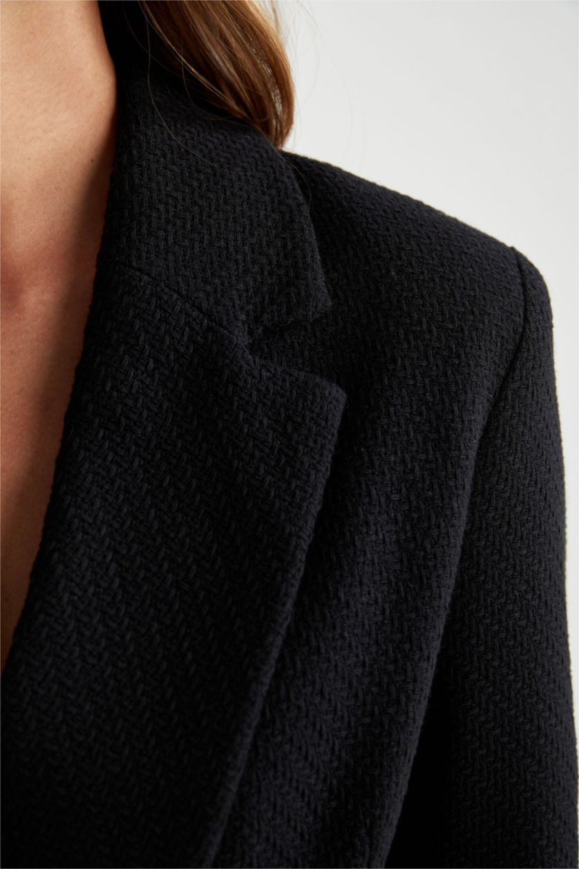 Kadın Siyah Cropped Fıt Tweed Blazer Ceket