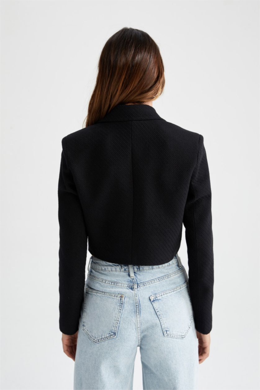 Kadın Siyah Cropped Fıt Tweed Blazer Ceket
