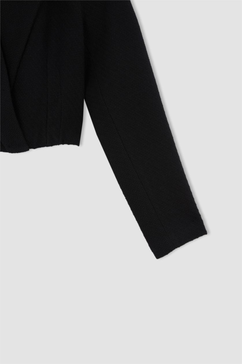 Kadın Siyah Cropped Fıt Tweed Blazer Ceket