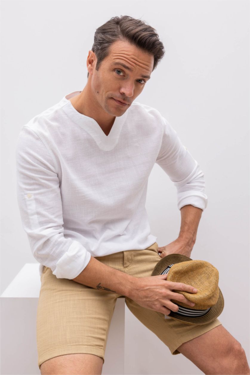 HOMME Blanc Chemises à manches longues Coupe Régulière Col En V