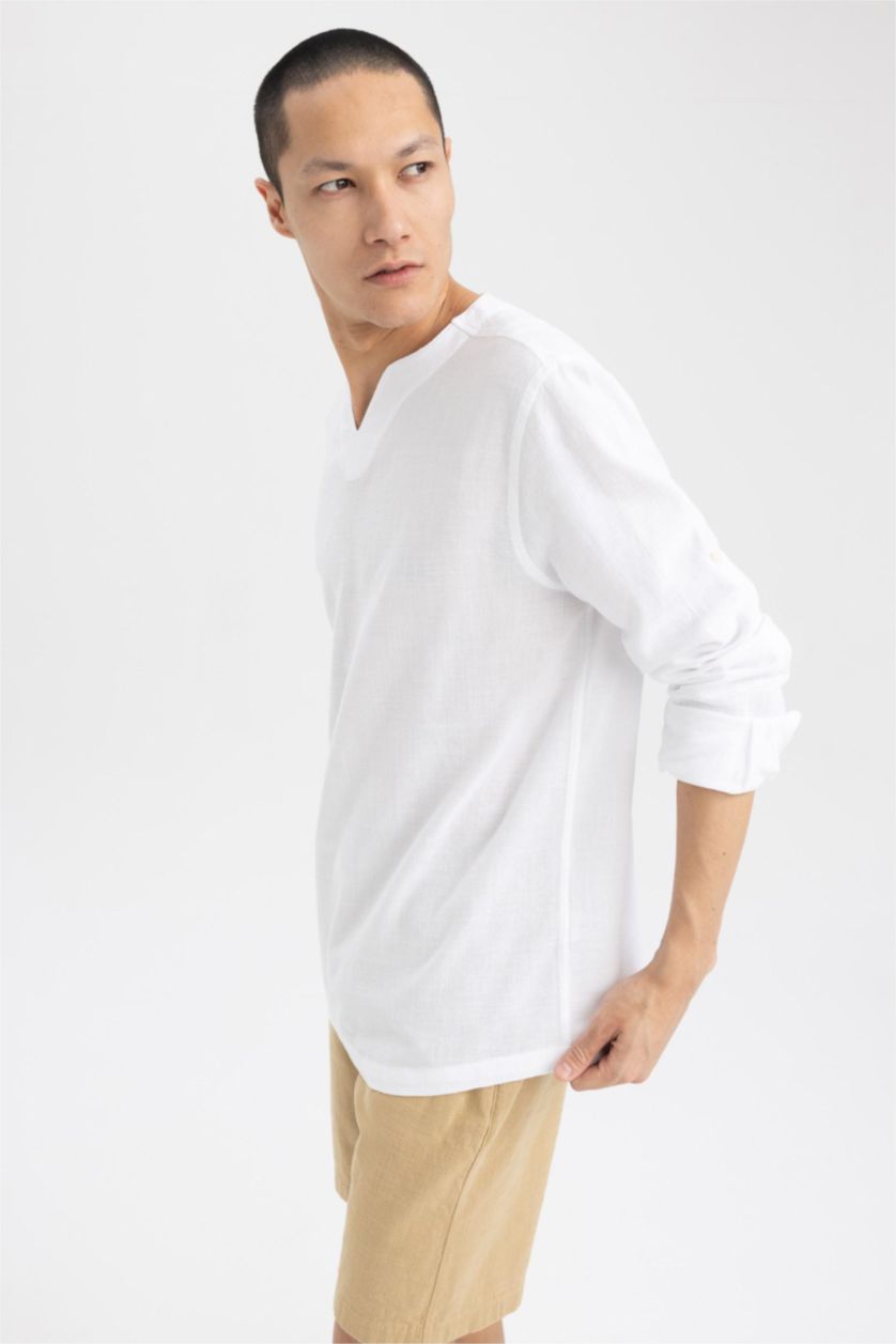 HOMME Blanc Chemises à manches longues Coupe Régulière Col En V