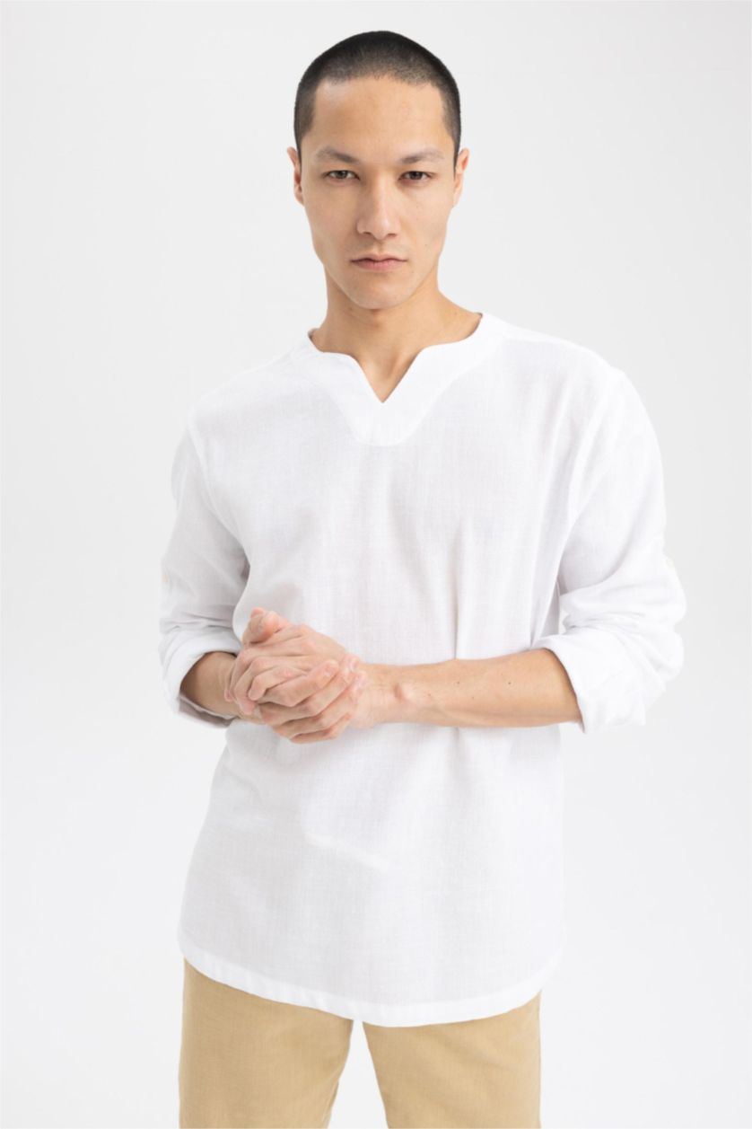 HOMME Blanc Chemises à manches longues Coupe Régulière Col En V