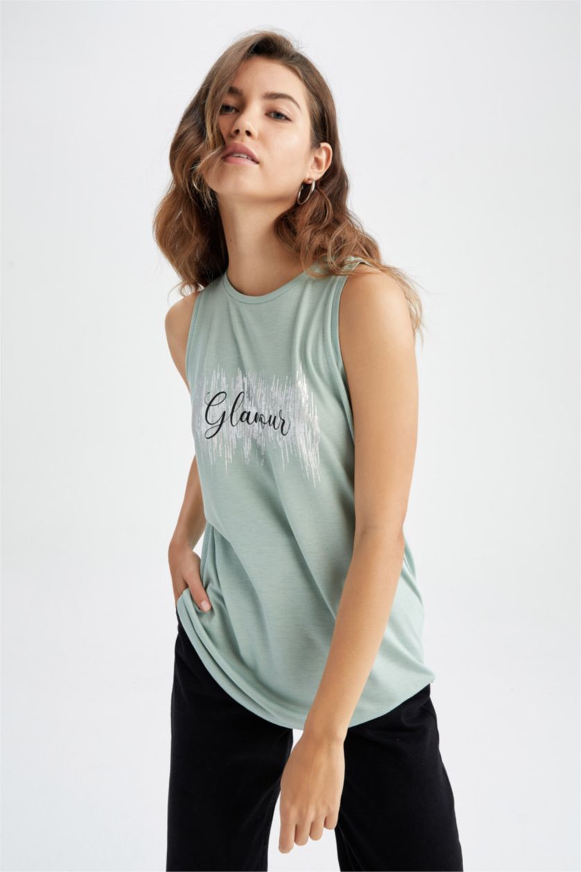 WOMAN Light Green Regular Fit Sleeveless Varoque Slogan Print Vest