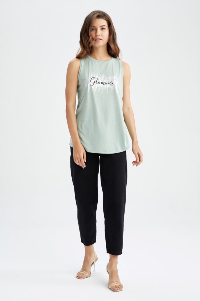 WOMAN Light Green Regular Fit Sleeveless Varoque Slogan Print Vest