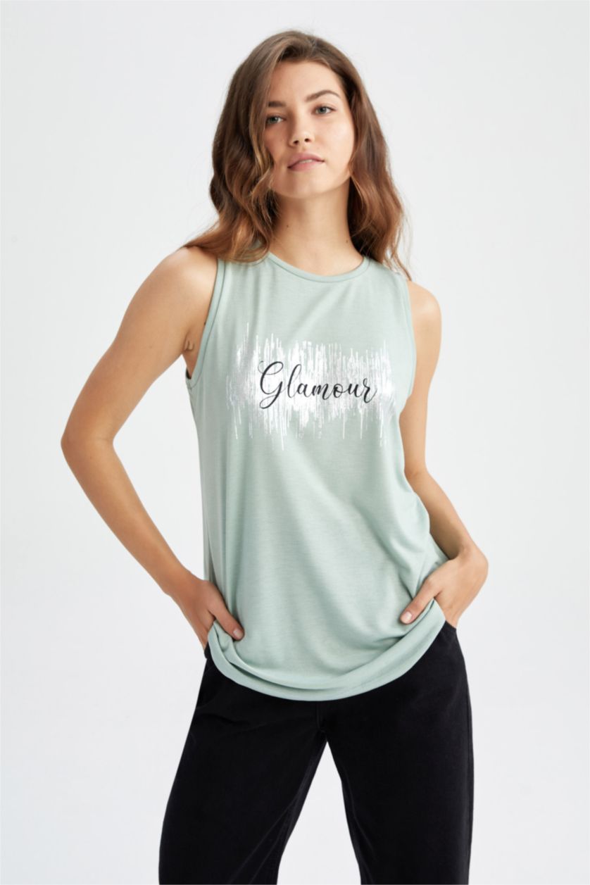 WOMAN Light Green Regular Fit Sleeveless Varoque Slogan Print Vest