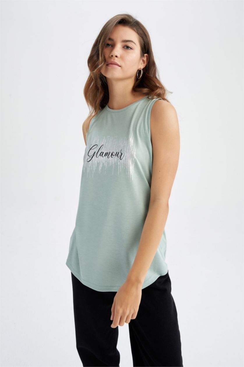 WOMAN Light Green Regular Fit Sleeveless Varoque Slogan Print Vest