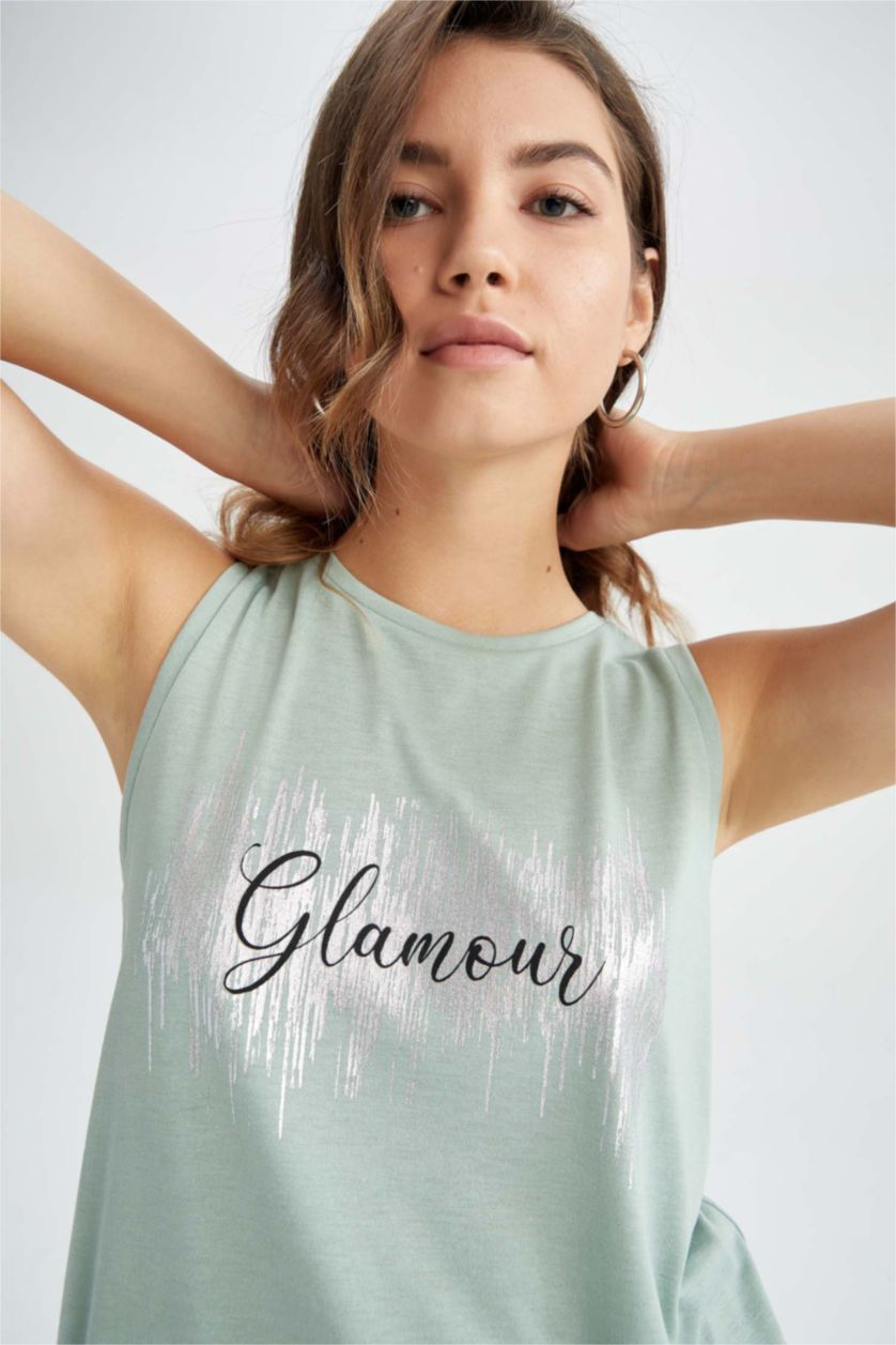 WOMAN Light Green Regular Fit Sleeveless Varoque Slogan Print Vest