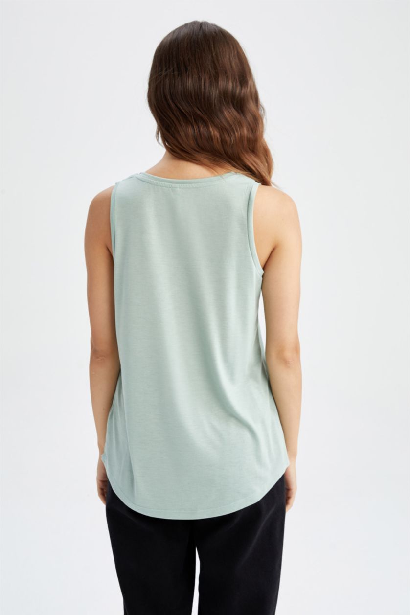 WOMAN Light Green Regular Fit Sleeveless Varoque Slogan Print Vest