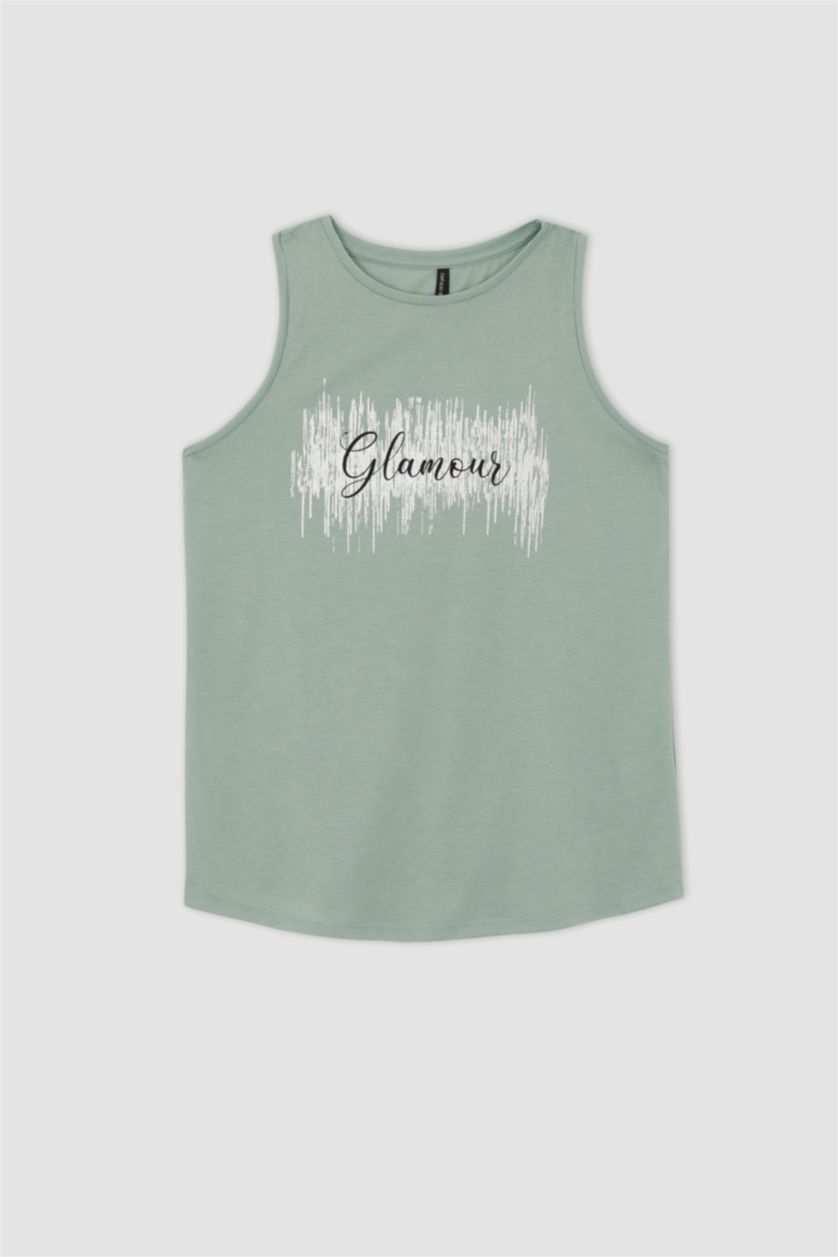 WOMAN Light Green Regular Fit Sleeveless Varoque Slogan Print Vest