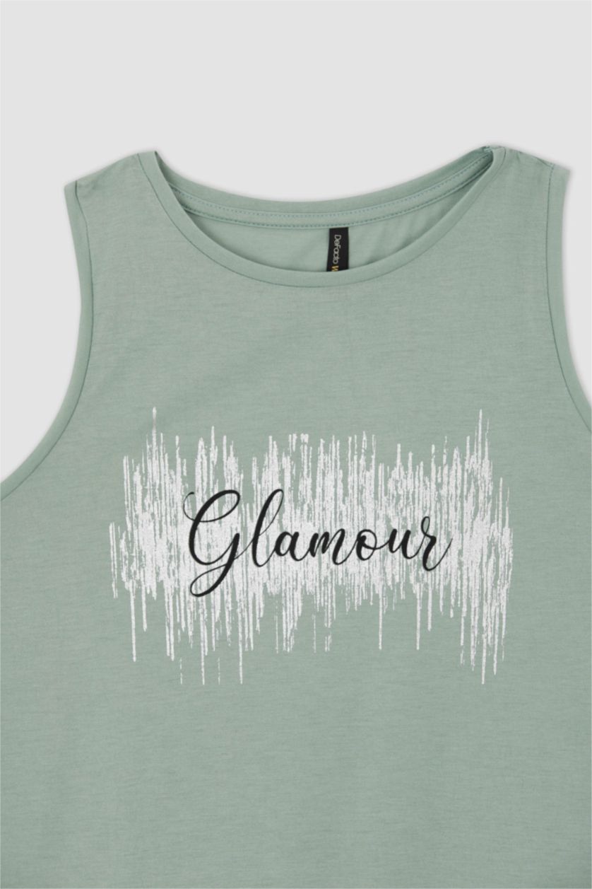 WOMAN Light Green Regular Fit Sleeveless Varoque Slogan Print Vest