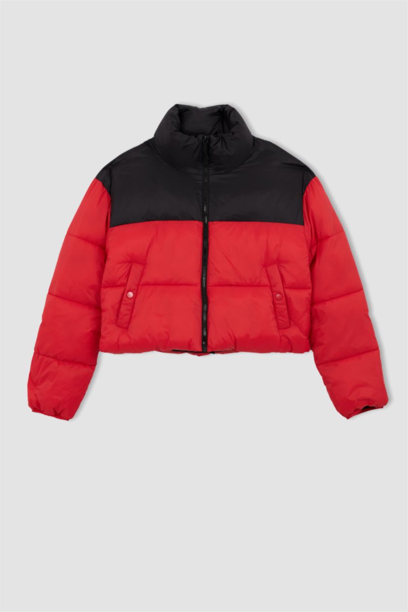 Kadın Kırmızı Su İtici Renk Bloklu Şişme Mont