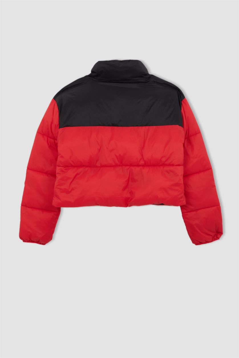 Kadın Kırmızı Su İtici Renk Bloklu Şişme Mont